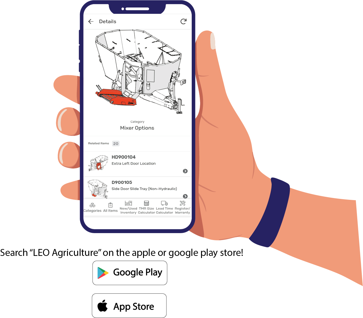 LEO Agriculture App shown on smartphone — real-time feed mixer and manure spreader monitoring