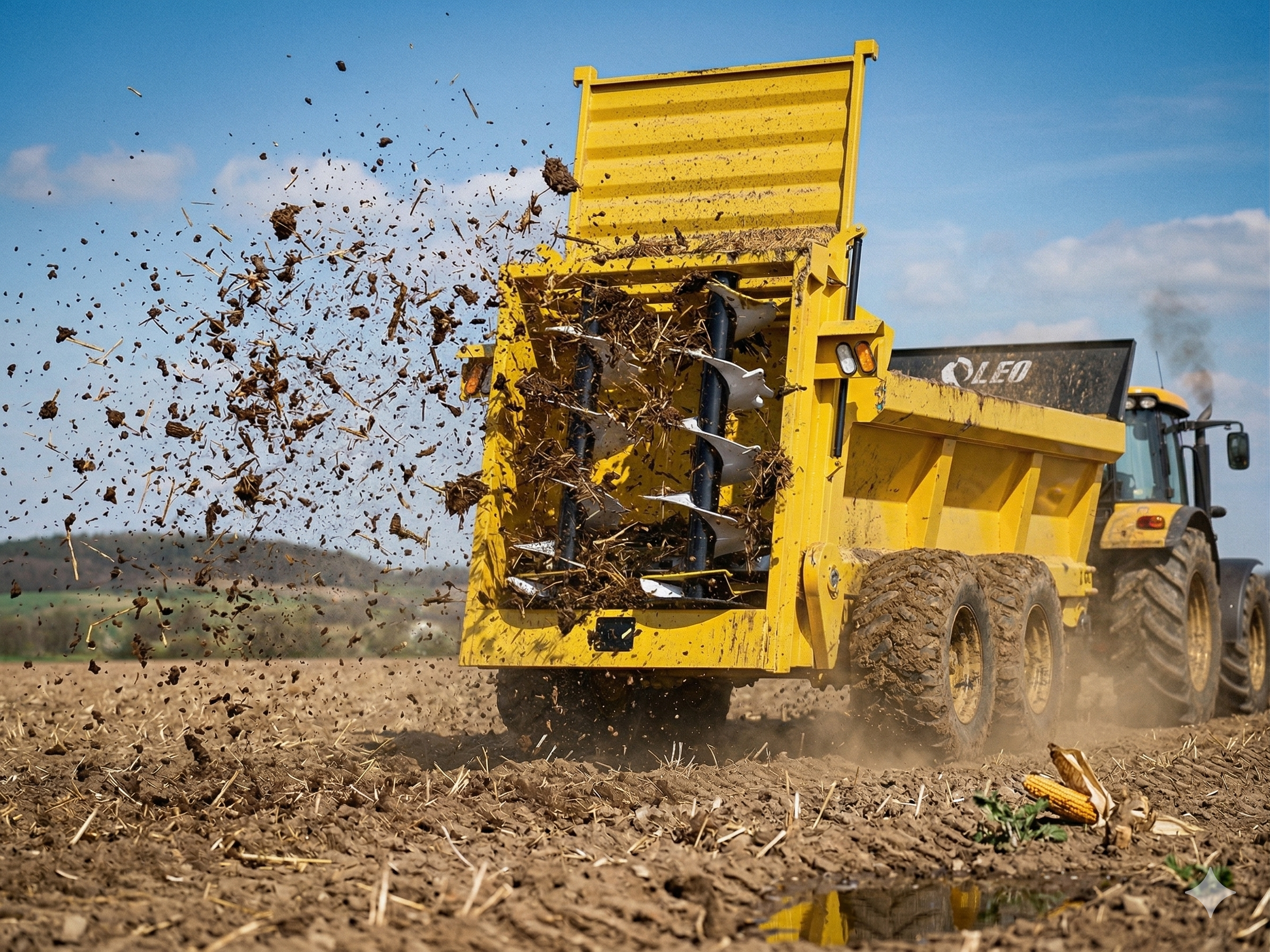 LEO 80 Series rear discharge vertical beater manure spreader — twin vertical beaters, Grade 80 mining chain