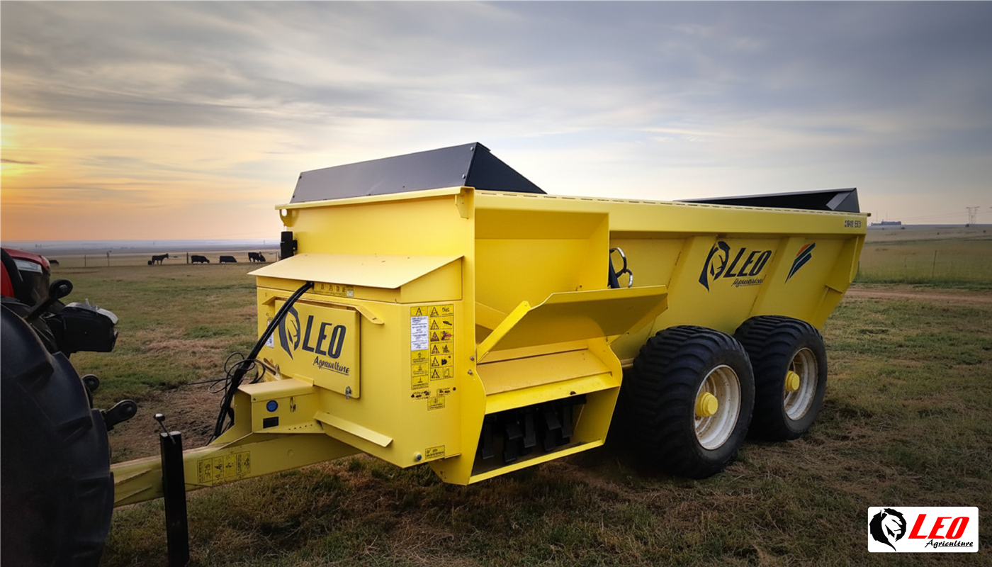 LEO 20 Series side discharge manure spreader with stainless steel hopper and expeller at sunset